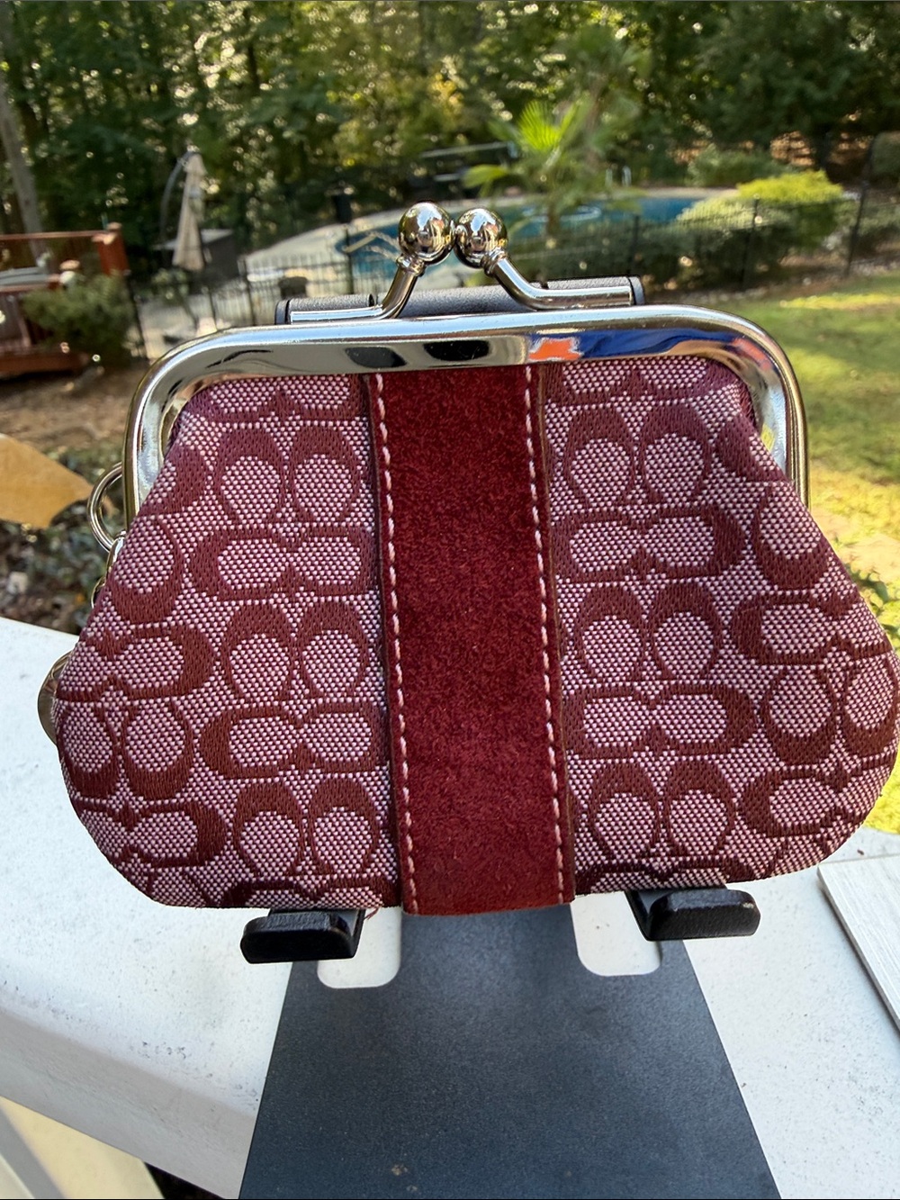 Coach Y2K Burgundy Signature C Canvas Suede Kiss-Lock Coin Purse Rare Color